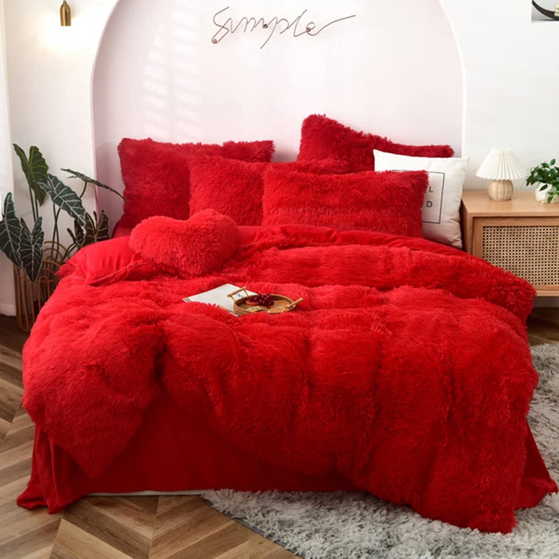 MorroMorn 5 PCS Shaggy Duvet Cover Bedding Set - Long Faux Fur Luxury Ultra Soft (Red, Full/Queen) - Image 1